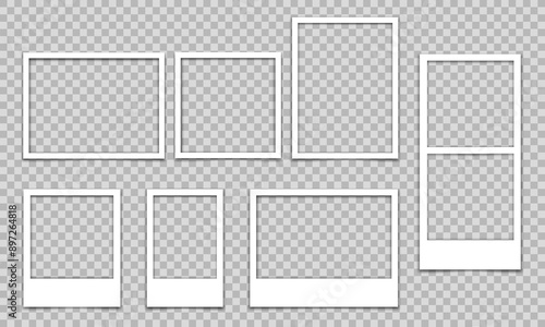 Vector empty photo frames with shadow isolated on transparent background. Template mockup photo design.