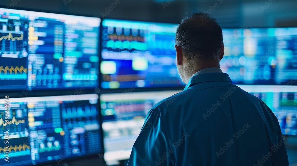 security system operator monitoring multiple screens with data and graphs in a modern control room. security system operator monitoring multiple screens with data and graphs in a modern control room.