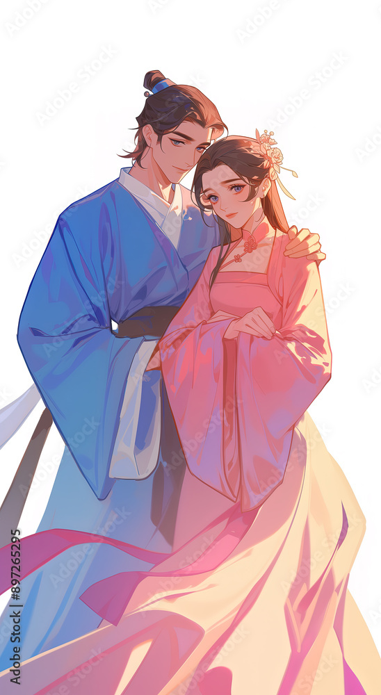 Young couple in ancient Chinese costumes. The cowherd and the weaver girl date on Qixi festival.
Young couple in ancient Chinese costumes. The cowherd and the weaver girl date on Qixi festival.