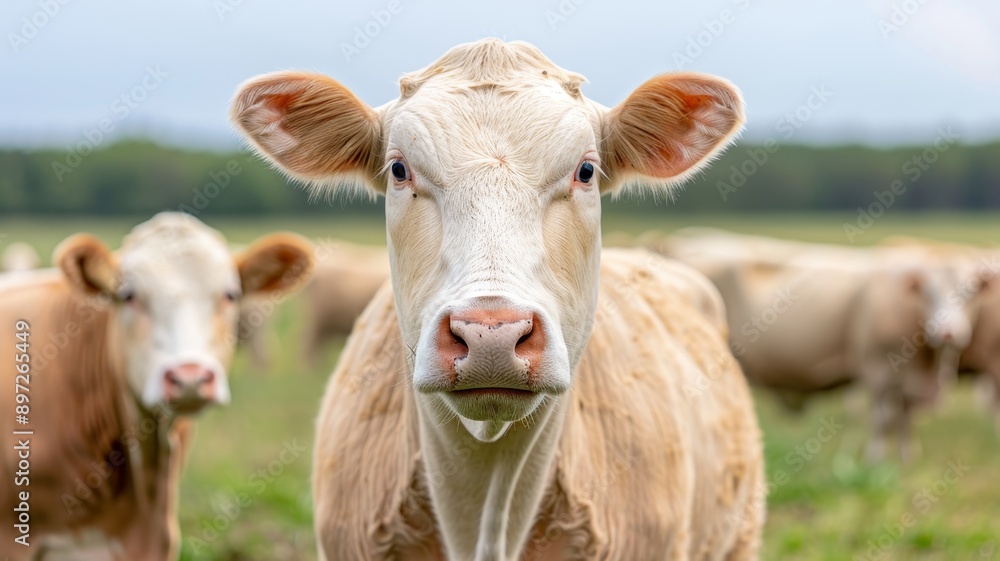 close-up portrait of a curious white and brown cow in a pasture, with other cows in the background, looking directly at the camera close-up portrait of a curious white and brown cow in a pasture, with other cows in the background, looking directly at the camera