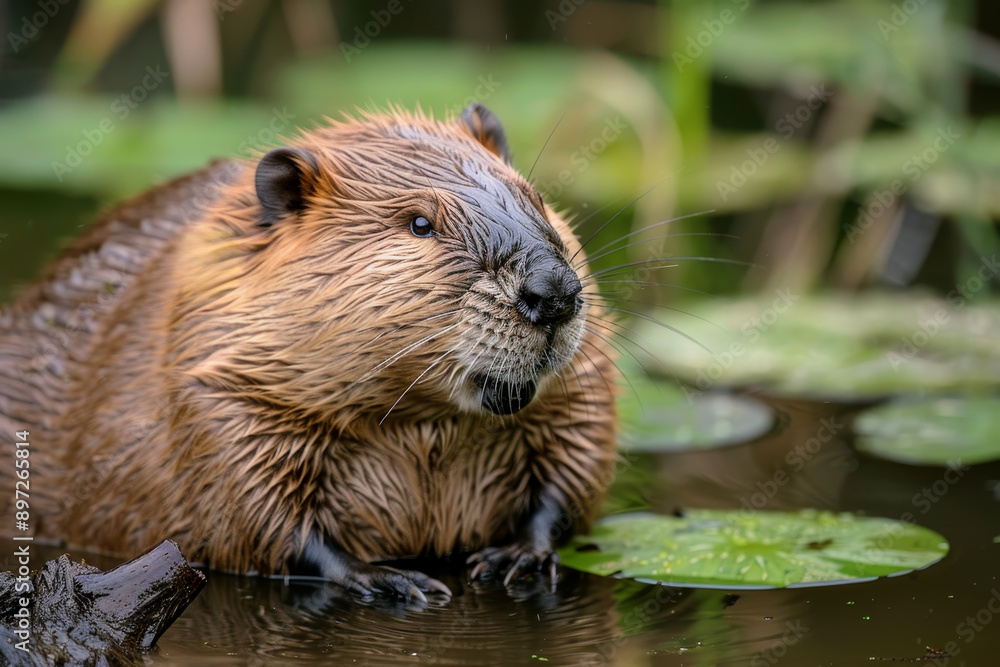 close-up portrait of a wet beaver in a pond with green lily pads - wildlife photography image close-up portrait of a wet beaver in a pond with green lily pads - wildlife photography image