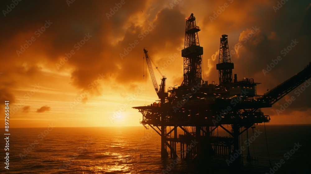 The silhouette of an oil rig against a dramatic sky, emphasizing the scale and impact of the industry. The silhouette of an oil rig against a dramatic sky, emphasizing the scale and impact of the industry.