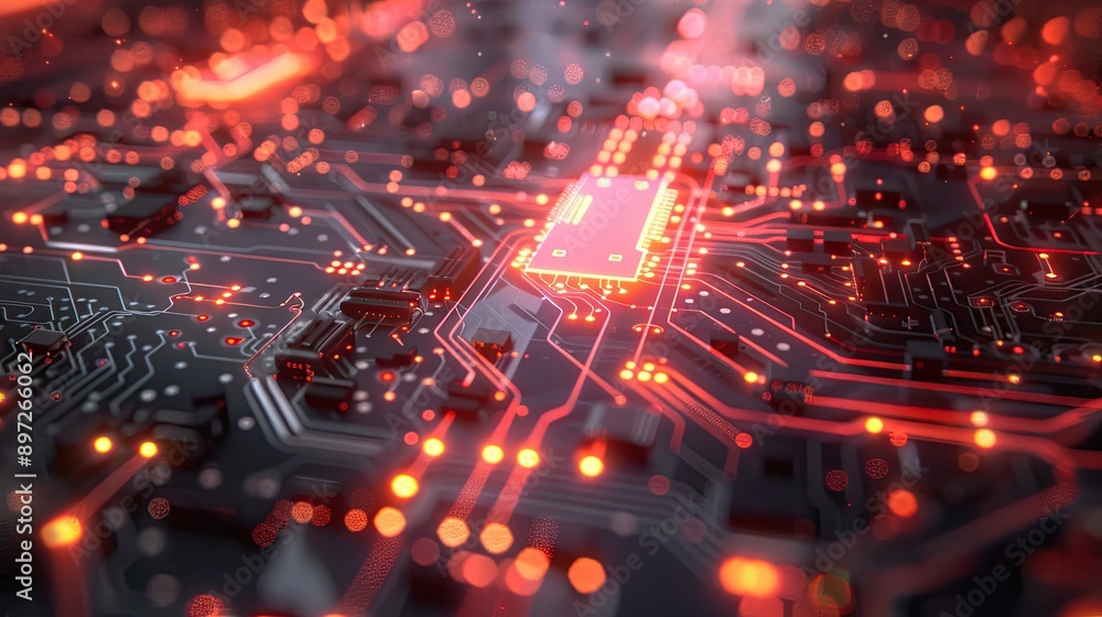 Abstract rendering of a glowing circuit board symbolizing tech advancements in business. Abstract rendering of a glowing circuit board symbolizing tech advancements in business.