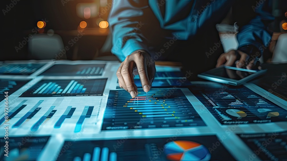 Business goals for 2025 with market analysis charts and a businessman calculating financial growth. Business goals for 2025 with market analysis charts and a businessman calculating financial growth.