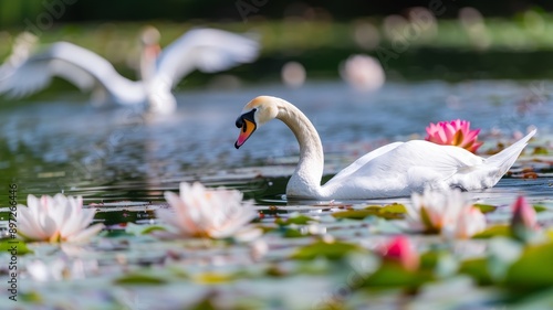 graceful white swan swimming in a pond with pink water lilies and green lily pads on a sunny day. photo