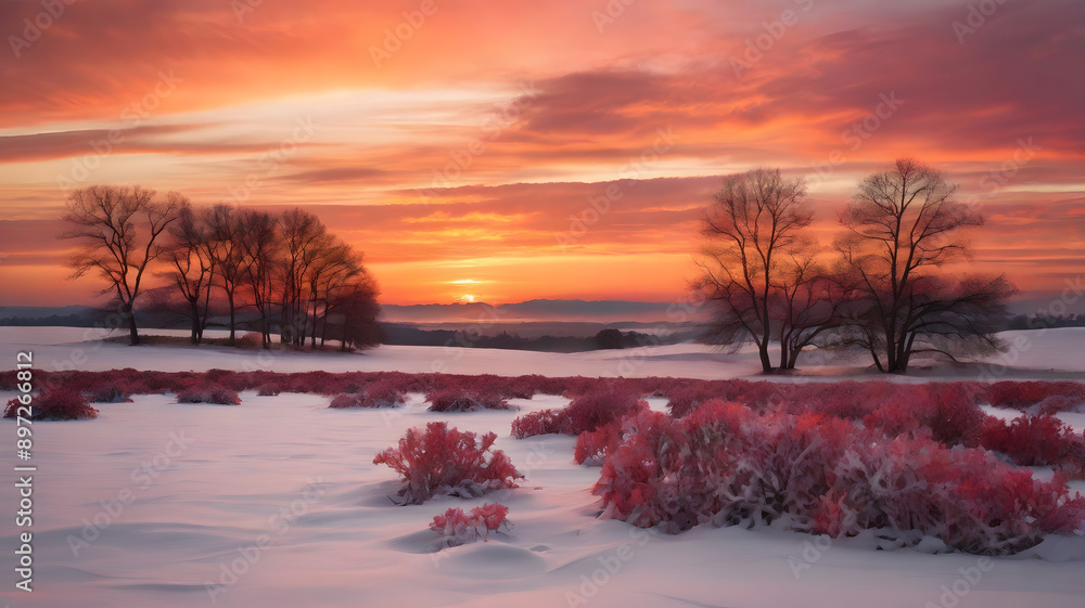 Trees silhouetted at sunset over snowy fields, creating a tranquil winter landscape with pink skies and frost-covered bushes at dawn Trees silhouetted at sunset over snowy fields, creating a tranquil winter landscape with pink skies and frost-covered bushes at dawn
