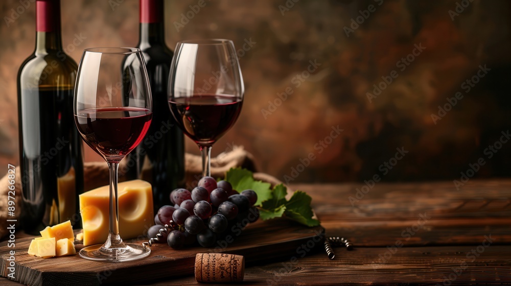 Obraz premium Two glasses of red wine filled to the brim sit on a wooden table alongside two bottles of red wine, a block of cheese, and a bunch of grapes. Generative AI