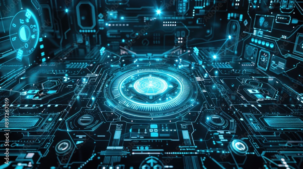 Conceptual image of a digital interface with futuristic icons and data streams. Conceptual image of a digital interface with futuristic icons and data streams.