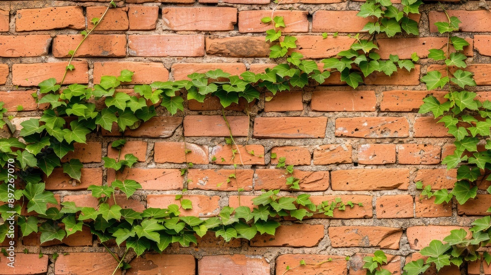 Green ivy grows up a brick wall SEAMLESS PATTERN Green ivy grows up a brick wall SEAMLESS PATTERN