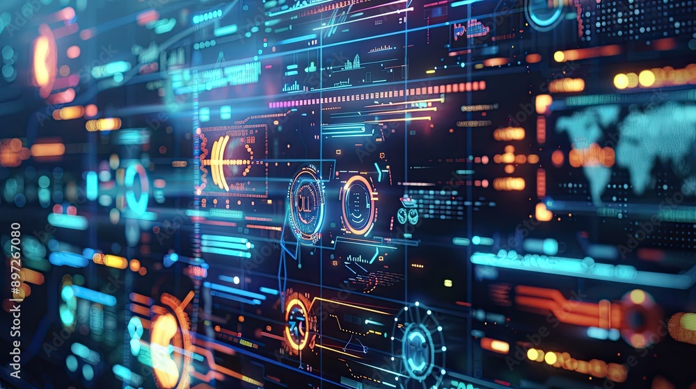 Conceptual image of a digital interface with futuristic icons and data streams. Conceptual image of a digital interface with futuristic icons and data streams.
