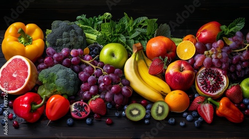 A still life painting with a variety of colorful fruits and vegetables arranged on a dark wooden table.Copy space more clarity with clear light and sharp focus , high detailed