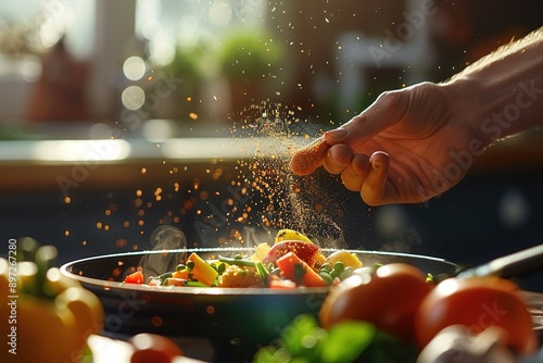 Fototapeta Naklejka Na Ścianę i Meble -  A chef's hand sprinkling a pinch of colorful spice blend onto a sizzling skillet with fresh vegetables. 