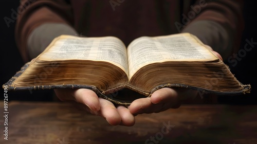 Hand Holding a Book: A hand holding an open book, with pages slightly ruffled, indicating a moment of reading. 