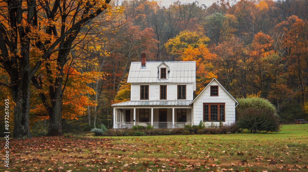 White house surrounded by autumn leaves. White house surrounded by autumn leaves.