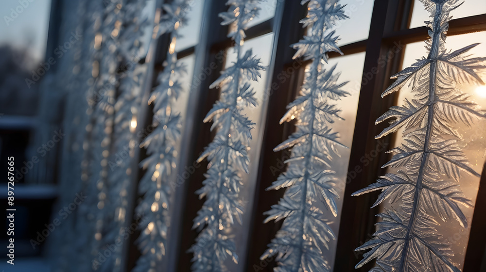 Detailed frost on glass in a wintry scene, showcasing crystalized designs that evoke a calm, frosty atmosphere. Artistic and cool Detailed frost on glass in a wintry scene, showcasing crystalized designs that evoke a calm, frosty atmosphere. Artistic and cool