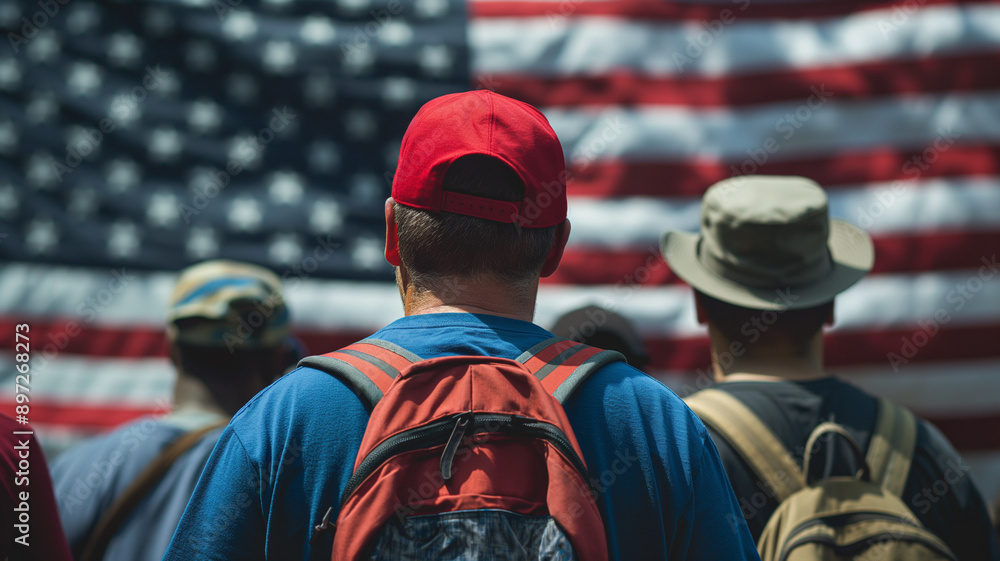 Patriotic Gathering in Front of American Flag Patriotic Gathering in Front of American Flag