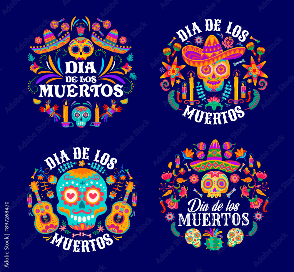 Naklejka premium Dead day Mexican holiday, dia de los Muertos round emblems. Isolated vector labels with calavera sugar skulls, burning candles, cacti plants and flowers, bones, sombrero, guitar and hummingbirds