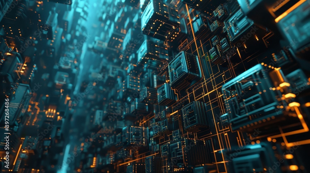 3D Rendering of an Abstract Technological Digital City from Data in Cyberspace, Illustrating Information Storage and Connectivity in the Information Space 3D Rendering of an Abstract Technological Digital City from Data in Cyberspace, Illustrating Information Storage and Connectivity in the Information Space