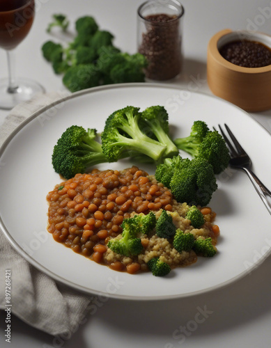 A plate with lentil stew, steamed broccoli, and quinoa on a white background 