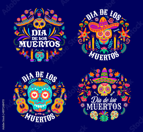 Dead day Mexican holiday, dia de los Muertos round emblems. Isolated vector labels with calavera sugar skulls, burning candles, cacti plants and flowers, bones, sombrero, guitar and hummingbirds