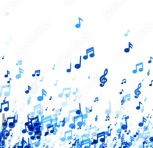 A light and airy display of blue musical notes of various shades and sizes, seemingly floating on a white canvas, evoking the lightness of a musical piece.