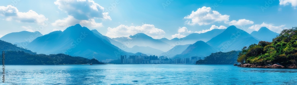 breathtaking panorama of mountains and lake with blue skies and clouds in a tranquil setting breathtaking panorama of mountains and lake with blue skies and clouds in a tranquil setting