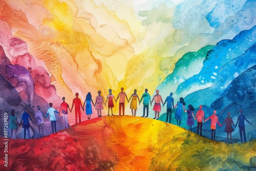 Colorful, abstract image diverse group holding hands on hill, symbolizing unity, pride, support for LGBTQ+ community. Vivid colors abstract background harmony togetherness, celebrating inclusivity.