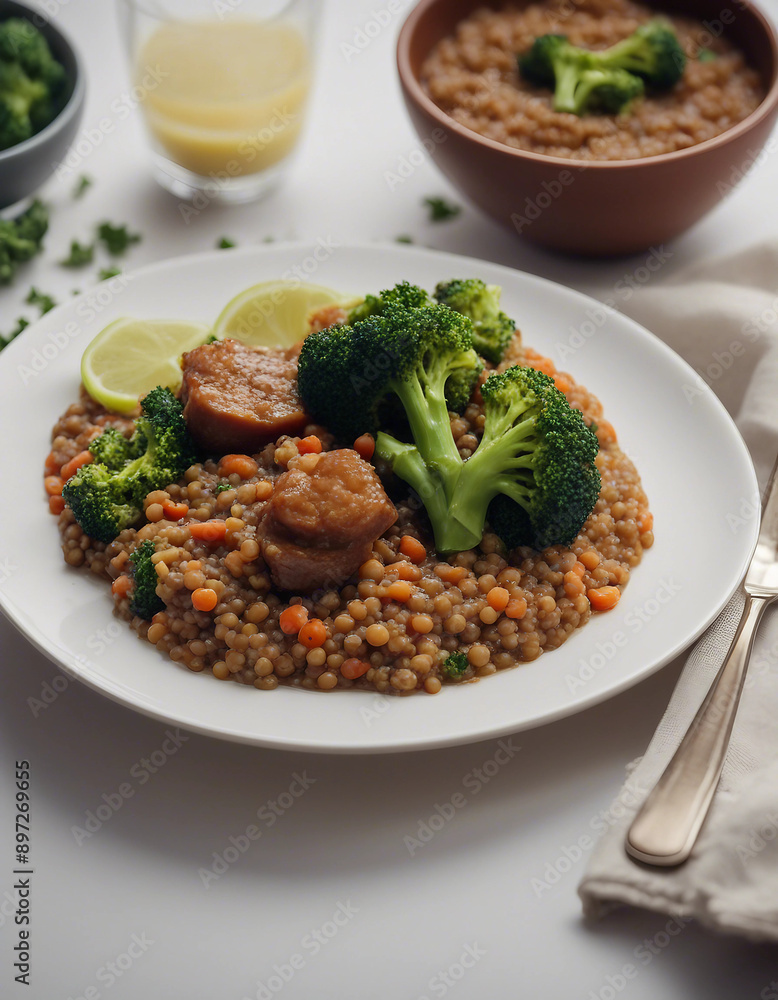 A plate with lentil stew, steamed broccoli, and quinoa on a white background
A plate with lentil stew, steamed broccoli, and quinoa on a white background