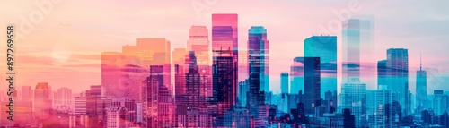 Wallpaper Mural cityscape silhouette with double exposure and pastel sunset colors in pink, purple, and blue hues for modern business and technology design Torontodigital.ca