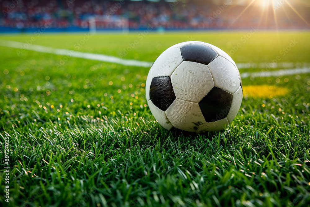Obraz premium Soccer ball on green grass field in sport stadium. World championship cup. Football match bet. Concept of professional sport, hobby, leisure. Banner, poster, card with copy space. AI