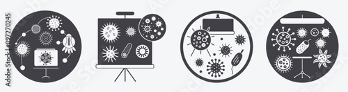 Microbiology with scientist analyzing microbes bacteria virus microscope, research experiment discovery innovation