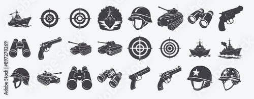 Warfare ages theme set black white images includes variety military equipment, combat conflict battle destruction