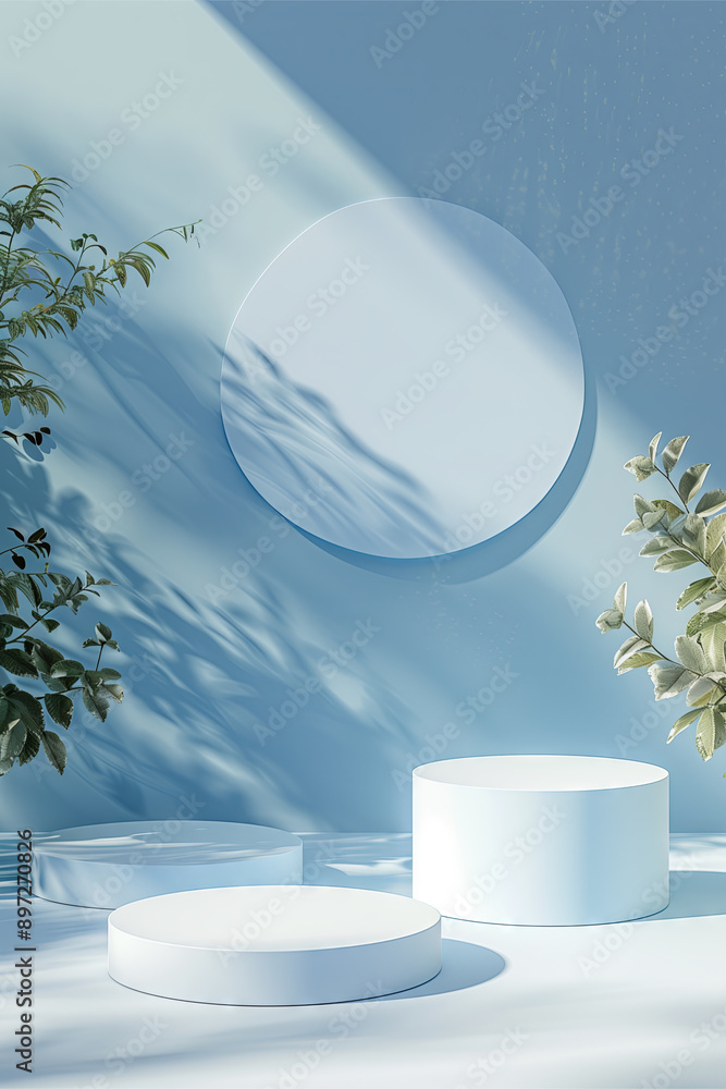 Minimalist display with round podiums and blue botanical background Minimalist display with round podiums and blue botanical background