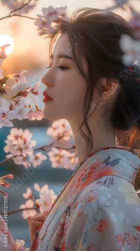 Serene Blossom Embrace: A woman in a traditional Japanese kimono with long black hair, gracefully leans into a blooming cherry blossom tree. The setting sun casts a warm glow, creating a dreamy.