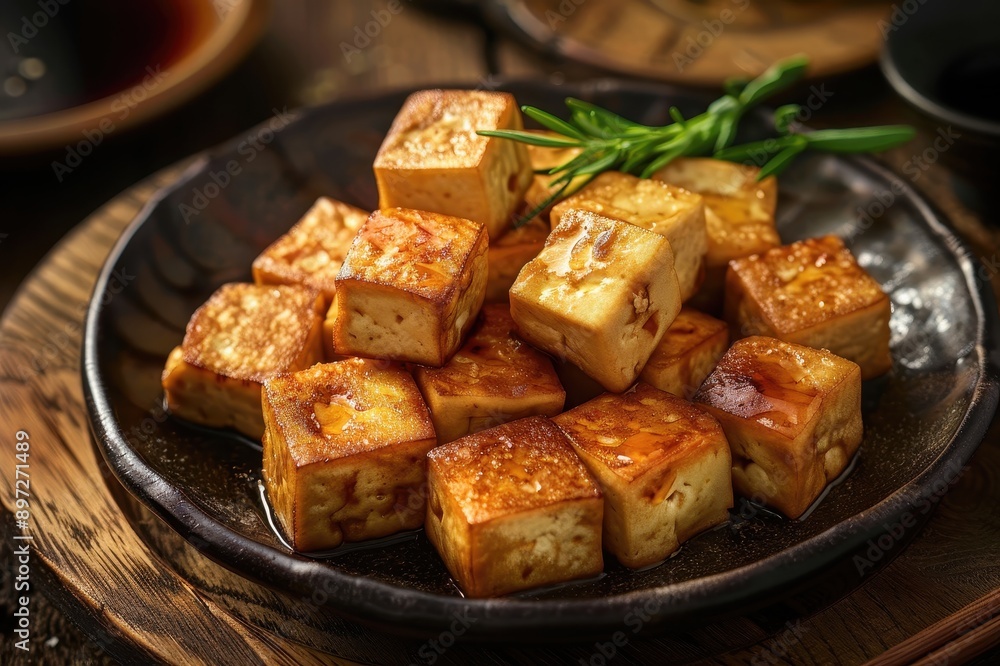 Close-up of golden brown tofu cubes on a black plate Close-up of golden brown tofu cubes on a black plate
