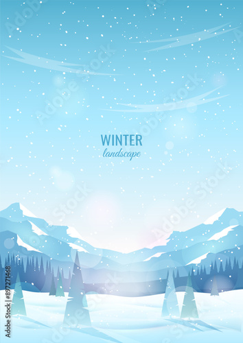Winter mountain scene. Fir trees in snow drifts, mountain ranges in the background. Blue sky, snowfall. The concept of tourism, mountain hiking, outdoor activities in winter.