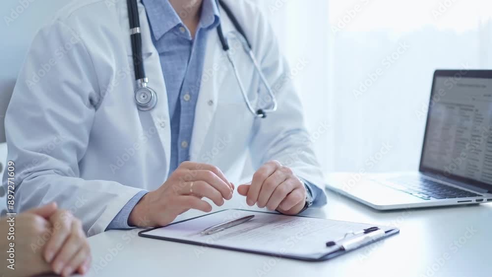 Doctor and a patient. The physician, wearing a white medical coat over a blue shirt, gesturing with his hands during a consultation in the clinic. Medicine concept Doctor and a patient. The physician, wearing a white medical coat over a blue shirt, gesturing with his hands during a consultation in the clinic. Medicine concept