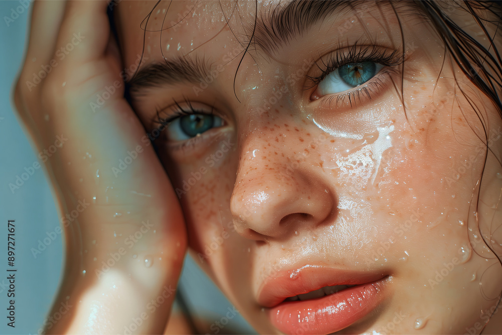 Close-up of wet face with blue eyes and freckles, reflecting natural beauty Close-up of wet face with blue eyes and freckles, reflecting natural beauty