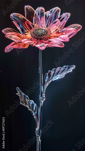 Intricate glass flower sculpture with pink petals and glowing accents photo