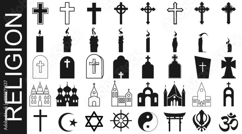 World religion symbol icon set. Religious symbol glyph icon set with christian cross, islam crescent and star, judaism star of david, buddhism wheel of dharma, letter religion silhouette sign.