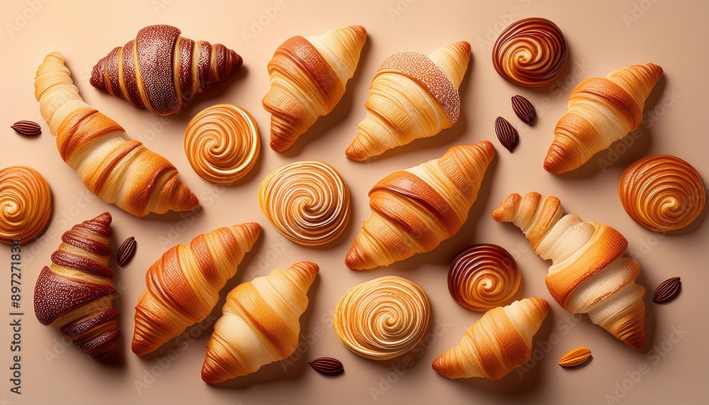 Delicious mix of croissants on a table, seen from above Delicious mix of croissants on a table, seen from above