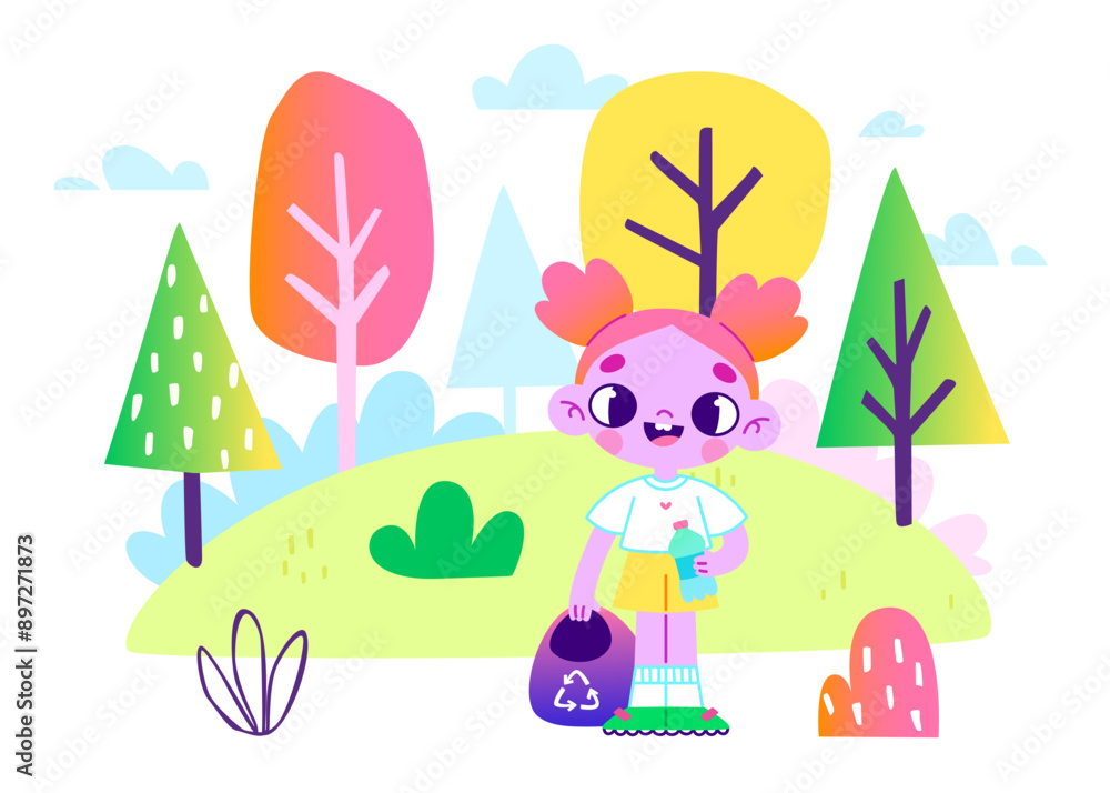 Cartoon girl collects plastic waste in the forest. Cute volunteer child cleaning up the park. Cartoon girl collects plastic waste in the forest. Cute volunteer child cleaning up the park.