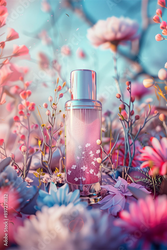 Luxurious perfume bottle with floral design surrounded by pink and blue flowers photo