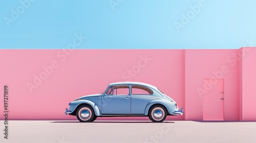 Blue Vintage Car and Pink Wall