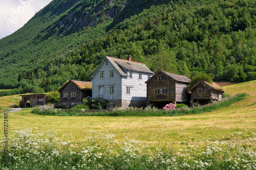 Old wooden farm buildings, nestled into a norwegian mountainside, along one of the spectackuar fjords