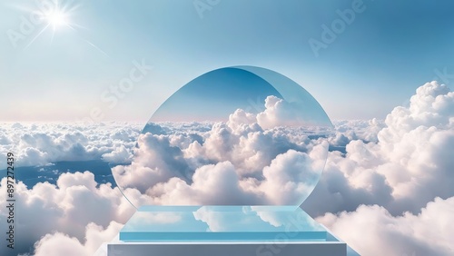 A round mirror on a table floating in clouds, sky background behind it, precisionist matte painting style photo