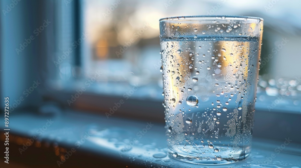 A glass of water with condensation, placed on a windowsill A glass of water with condensation, placed on a windowsill