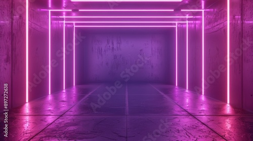 Enter a mesmerizing space illuminated by vibrant purple and violet neon lights. Casting a stunning reflection on the polished floor