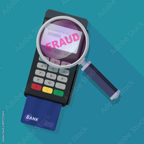 Payment terminal under magnifying glass on a blue background and with long shadow in flat design style with fraud label