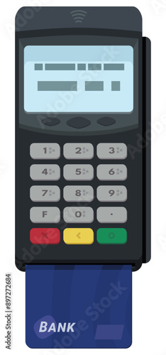 Payment terminal in flat design style with bank card inserted (cut out)